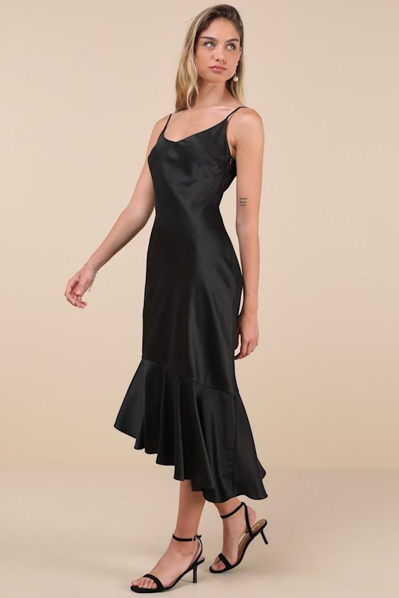 Strictly Romance Black Satin Asymmetrical Tiered Midi Dress Product Image
