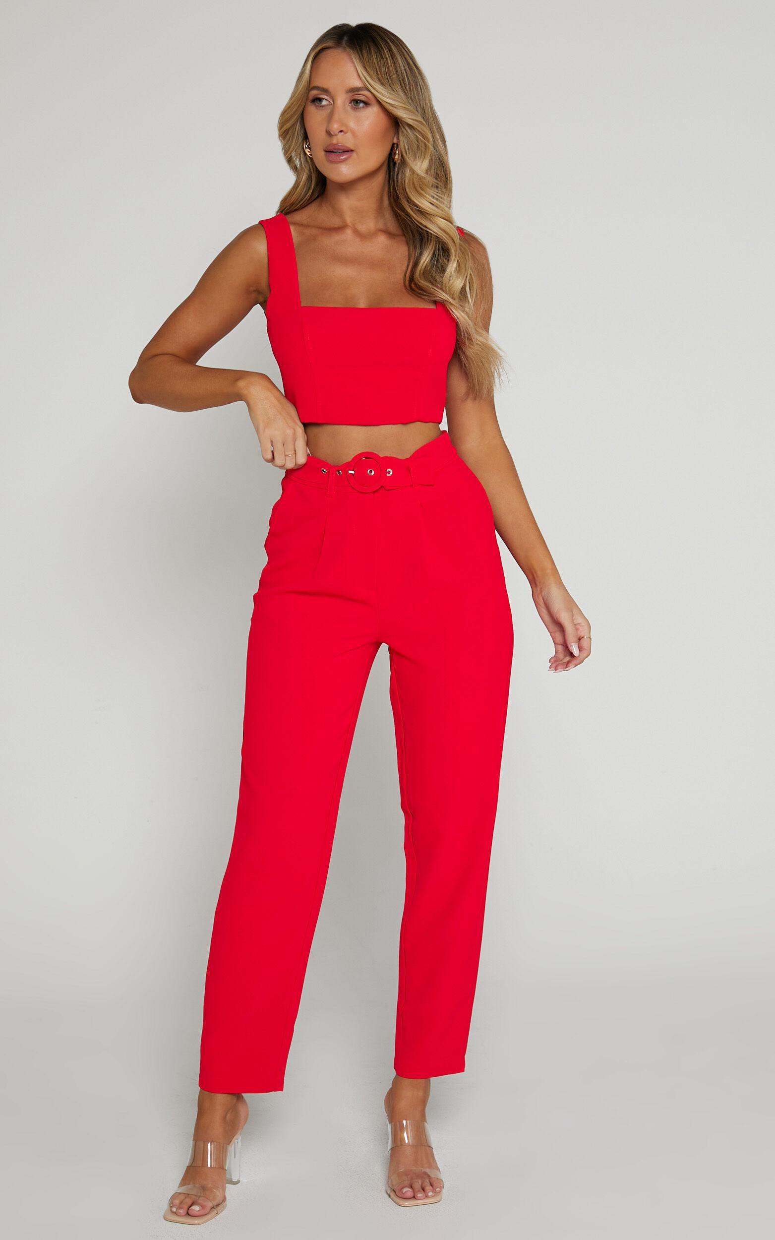 Reyna Two Piece Set - Crop Top and Tailored Pants Set in Red Product Image