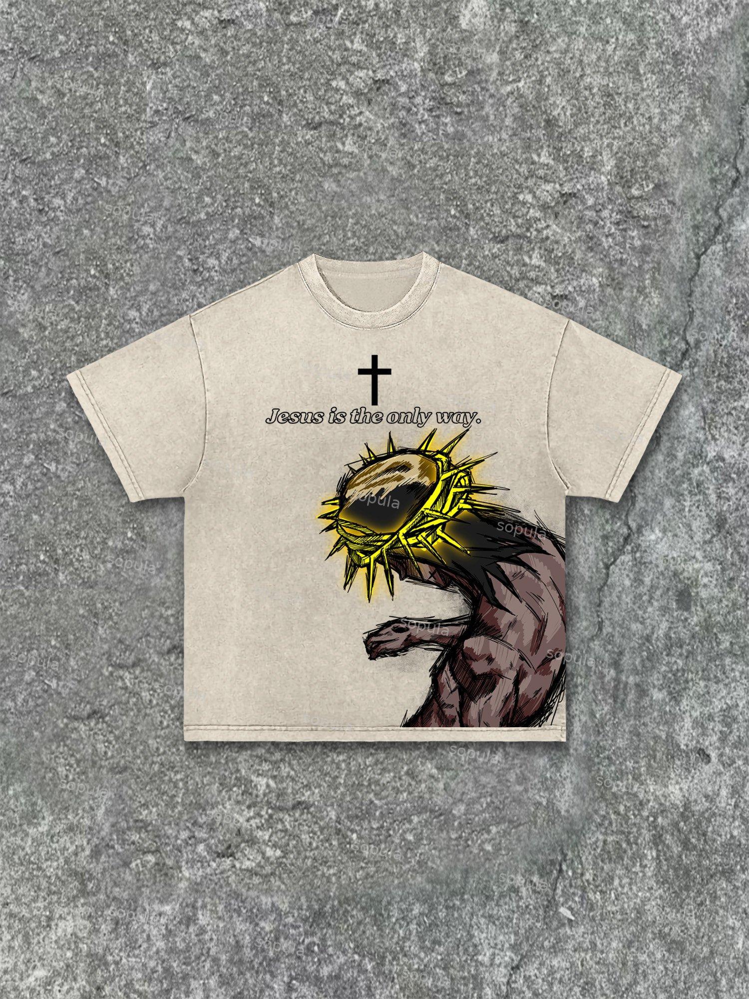 Praying Boy Print Acid Wash T-shirt Product Image