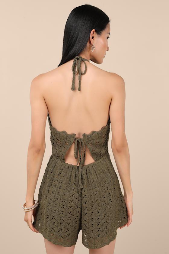 Tovia Olive Pointelle Knit Tie-Back Halter Romper Product Image