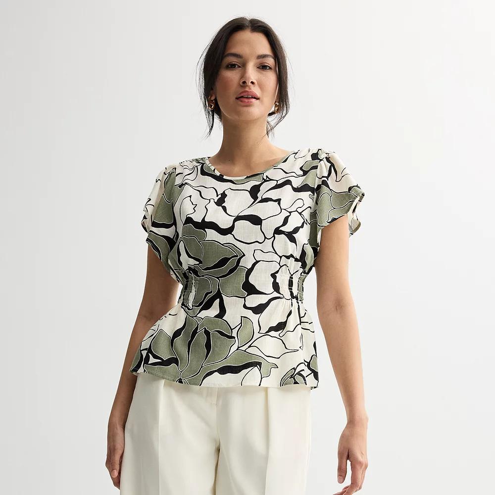 Women's Nine West Cinched Flutter Sleeve Blouse, Size: Large, Green Crystal Bloom Product Image