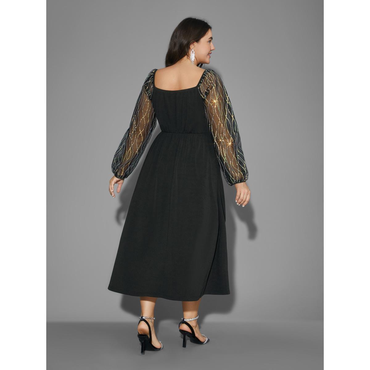 Plus Size Square Neck Patchwork Sequin Mesh Dress DarkGreen Women Cocktail Texture Party Curvy Bloomchic 10/M Product Image