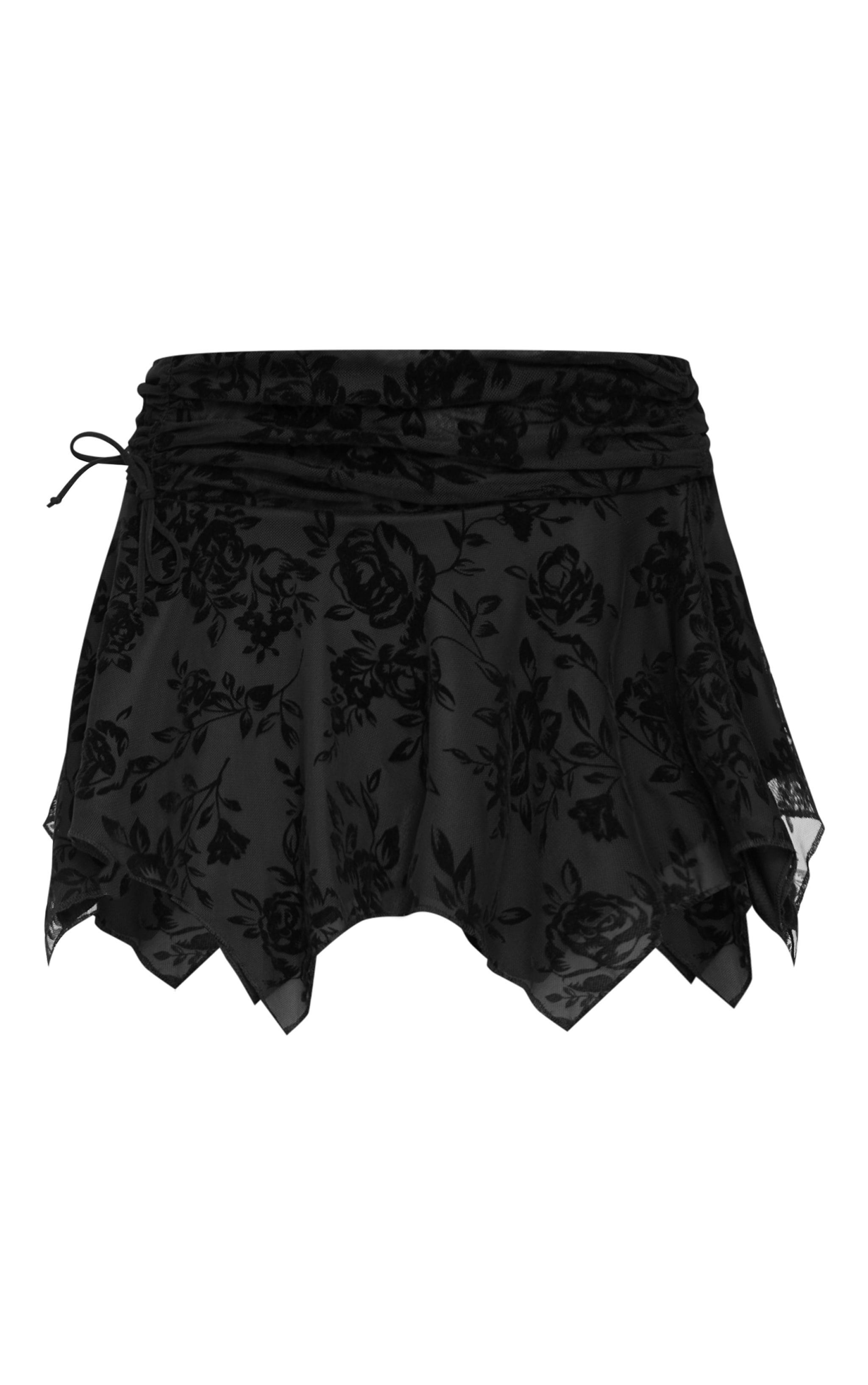 Black Velvet Floral Detail Mini Skirt Product Image