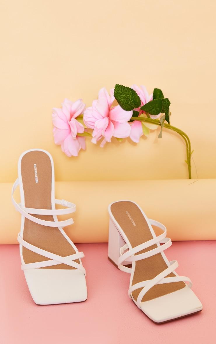 White PU Wide Fit Square Toe Strappy Block Heeled Mules Product Image