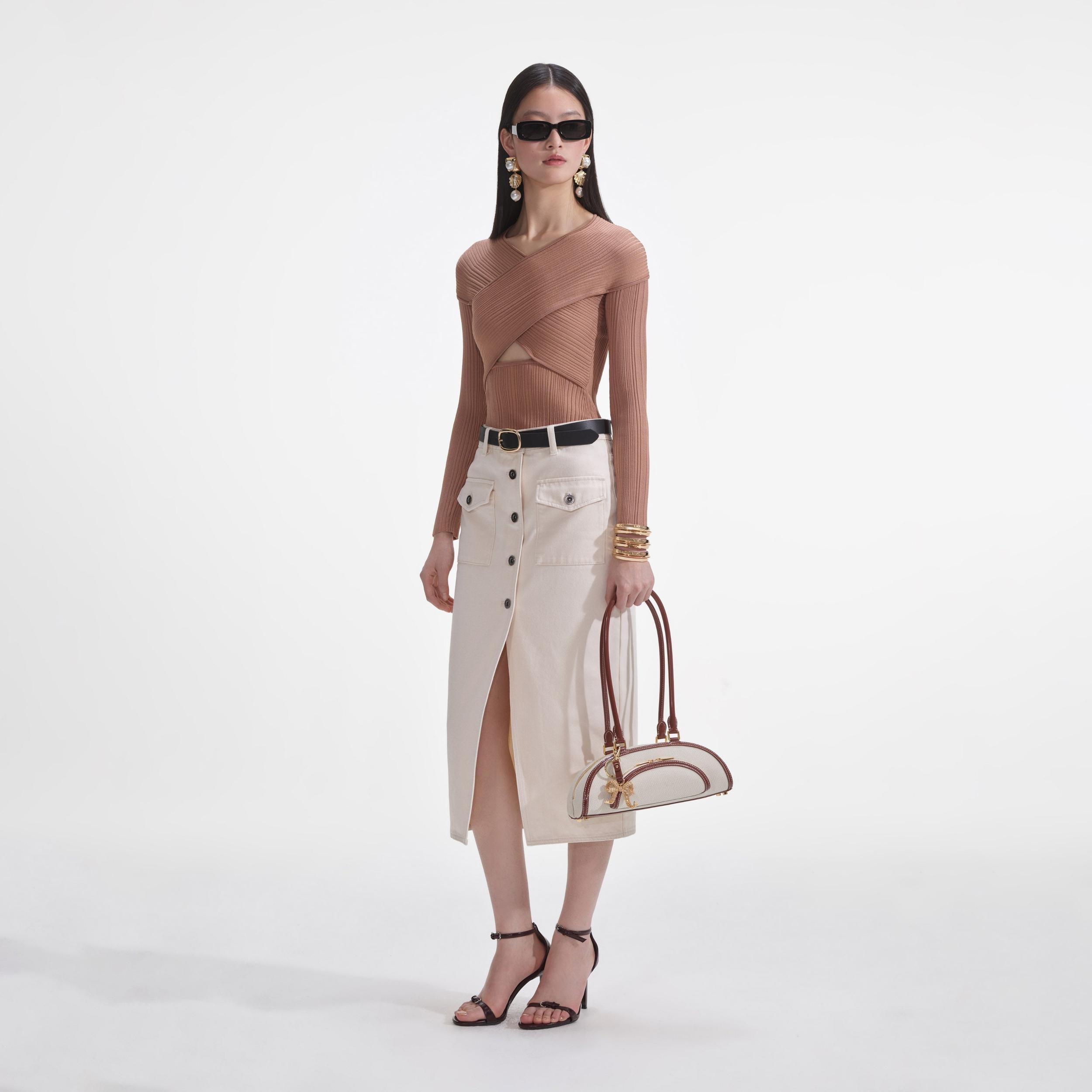 Beige Ribbed Knit Wrap Top Product Image