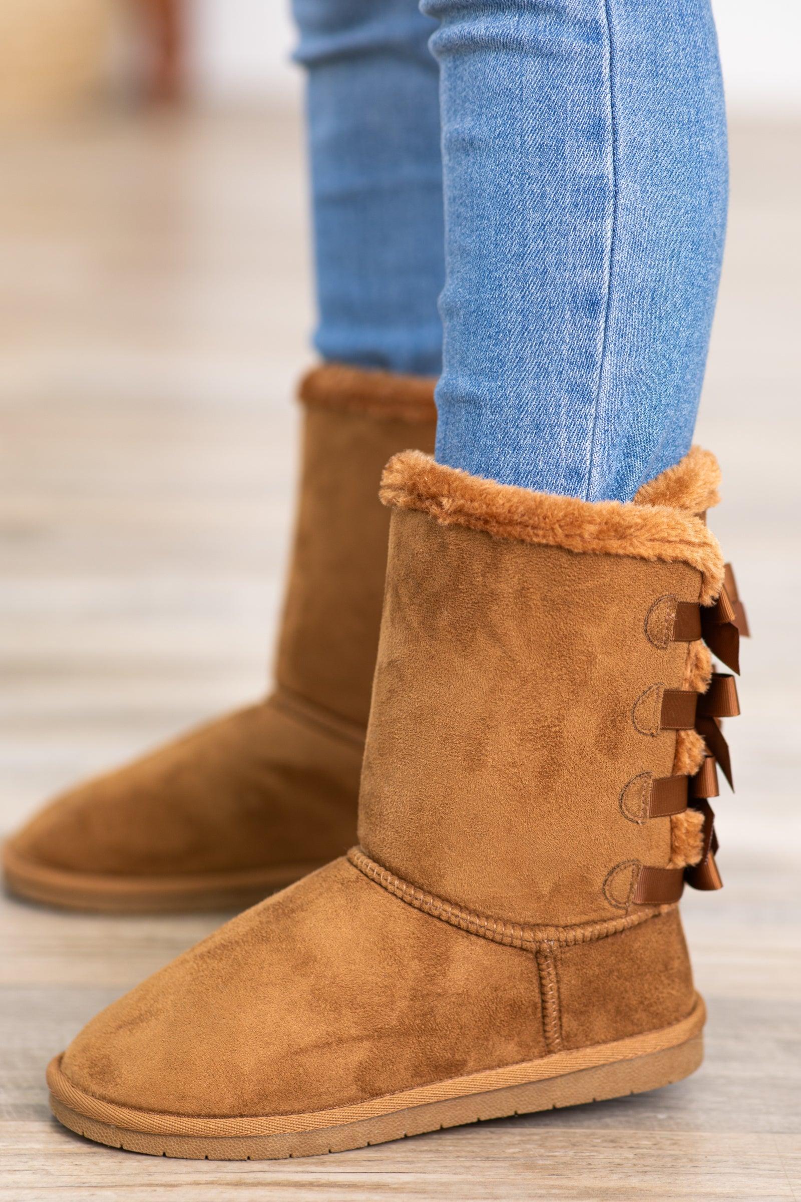 Tan Faux Fur Lined Boots With Bows Product Image