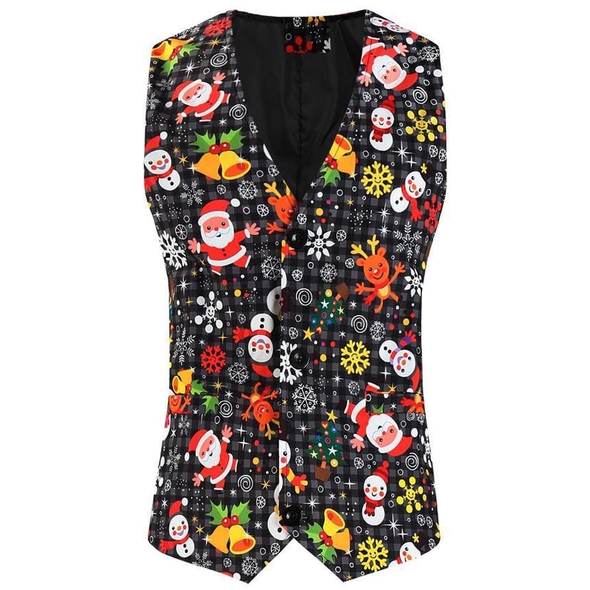 Notch Lapel Christmas Print Single Breasted Blazer / V-Neck Button Vest / Mid Rise Slim Fit Dress Pants / Set Product Image