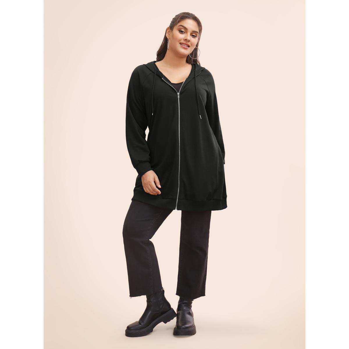 Plus Size Plain Zipper Hooded Drawstring Pocket Sweatshirt Women Black Casual Plain Hooded Dailywear Sweatshirts BloomChic 30/6X Product Image