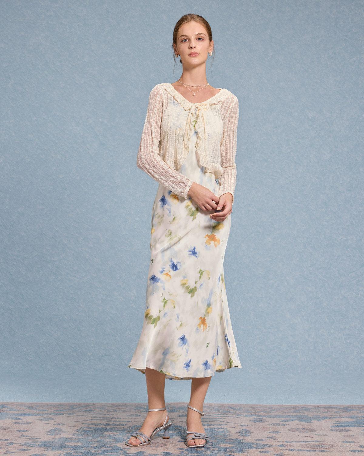 Beige V Neck Ruffle Cardigan Product Image