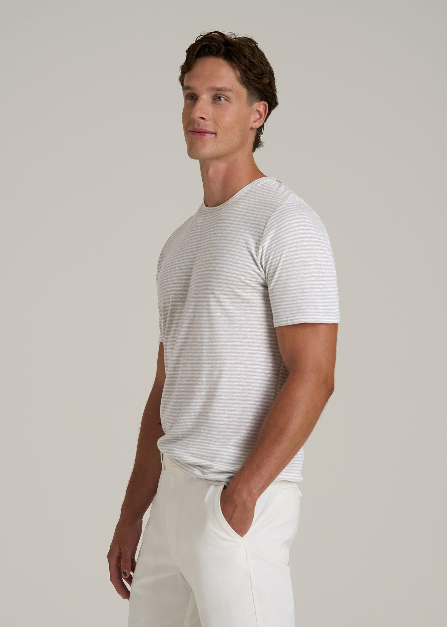 Linen Crewneck T-Shirt for Tall Men in Grey and White Mini Stripe Male Product Image