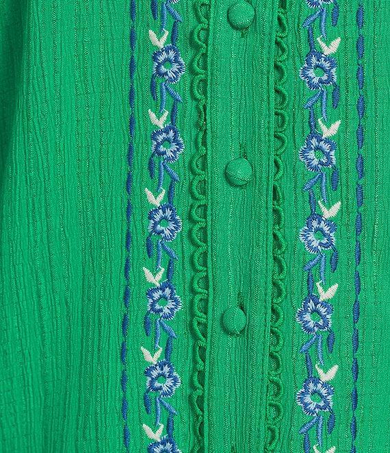 Calessa Embroidered Split V-Neck Short Sleeve Button Front Tunic Product Image