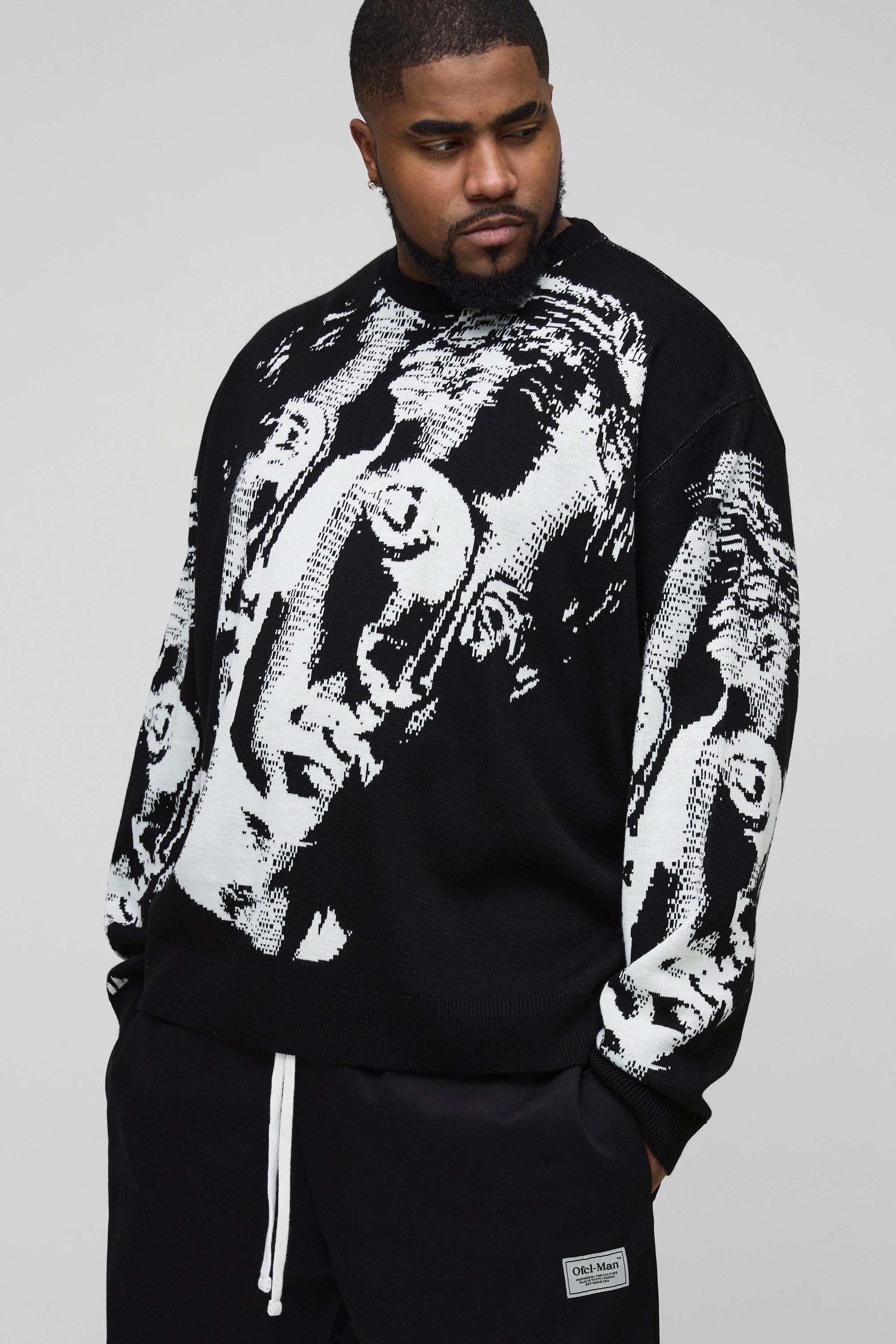 Plus Oversized Renaissance Face Knit Sweater | boohooMAN USA Product Image