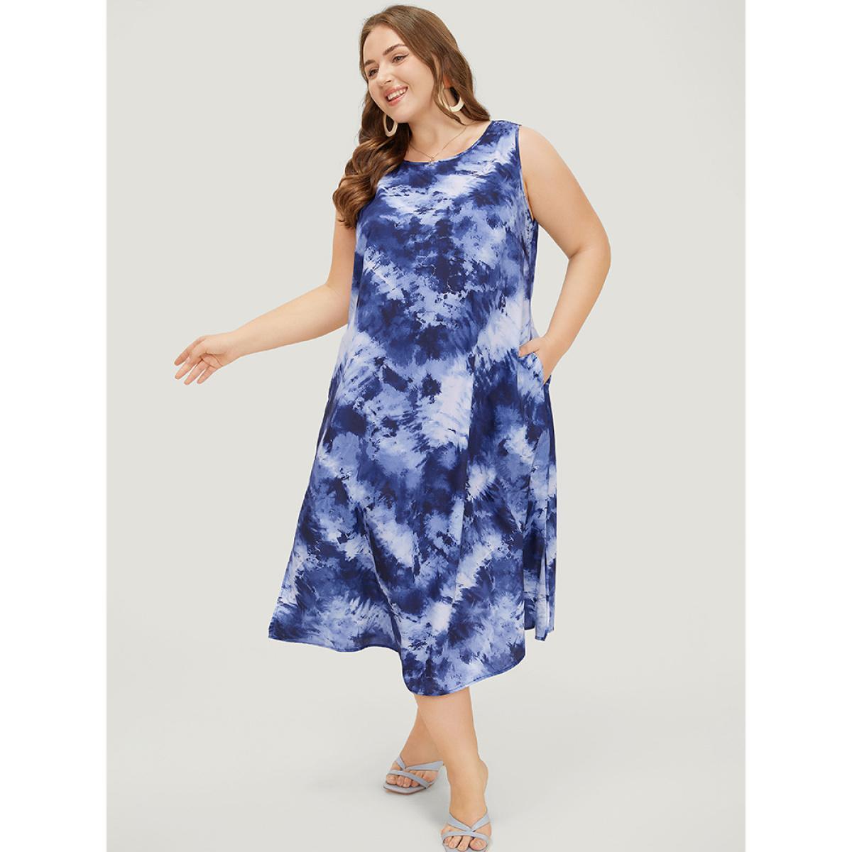 Plus Size Tie Dye Crew Neck Pocket Sleeveless Tank Dress DarkBlue Women Vacation Slit Round Neck Sleeveless Curvy Midi Dress BloomChic 14-16/1X Product Image