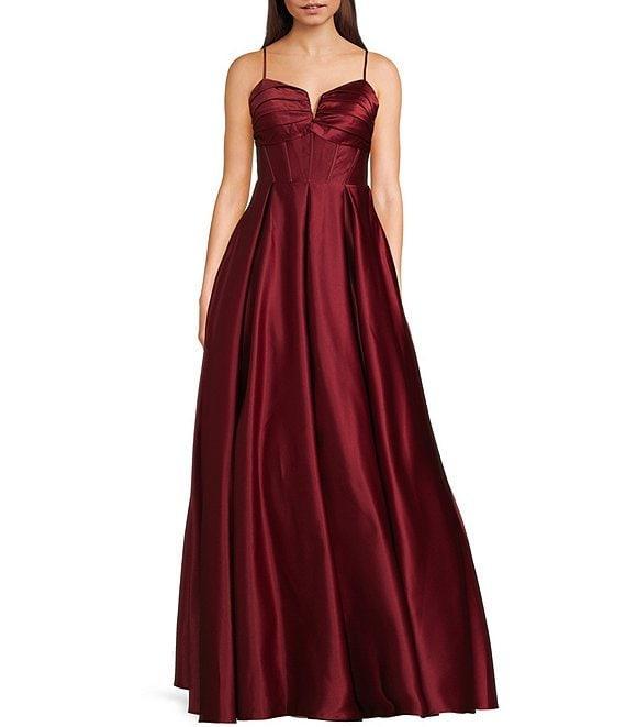 Blondie Nites Satin V-Notch Front Spaghetti Strap Tie Back Gown Product Image
