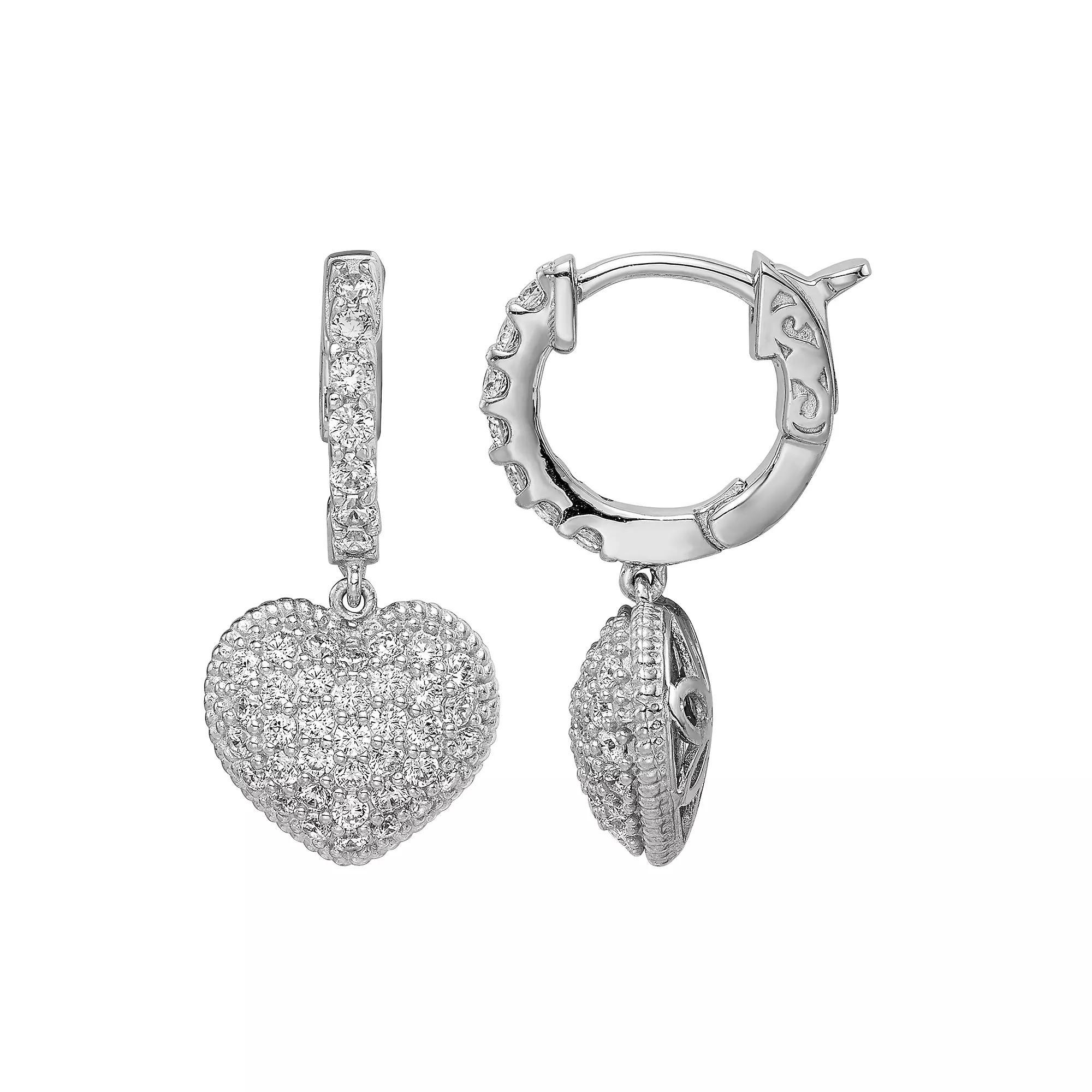 Sterling Shimmer Cubic Zirconia Hinged Hoop Dangle Heart Earrings, Women's Product Image