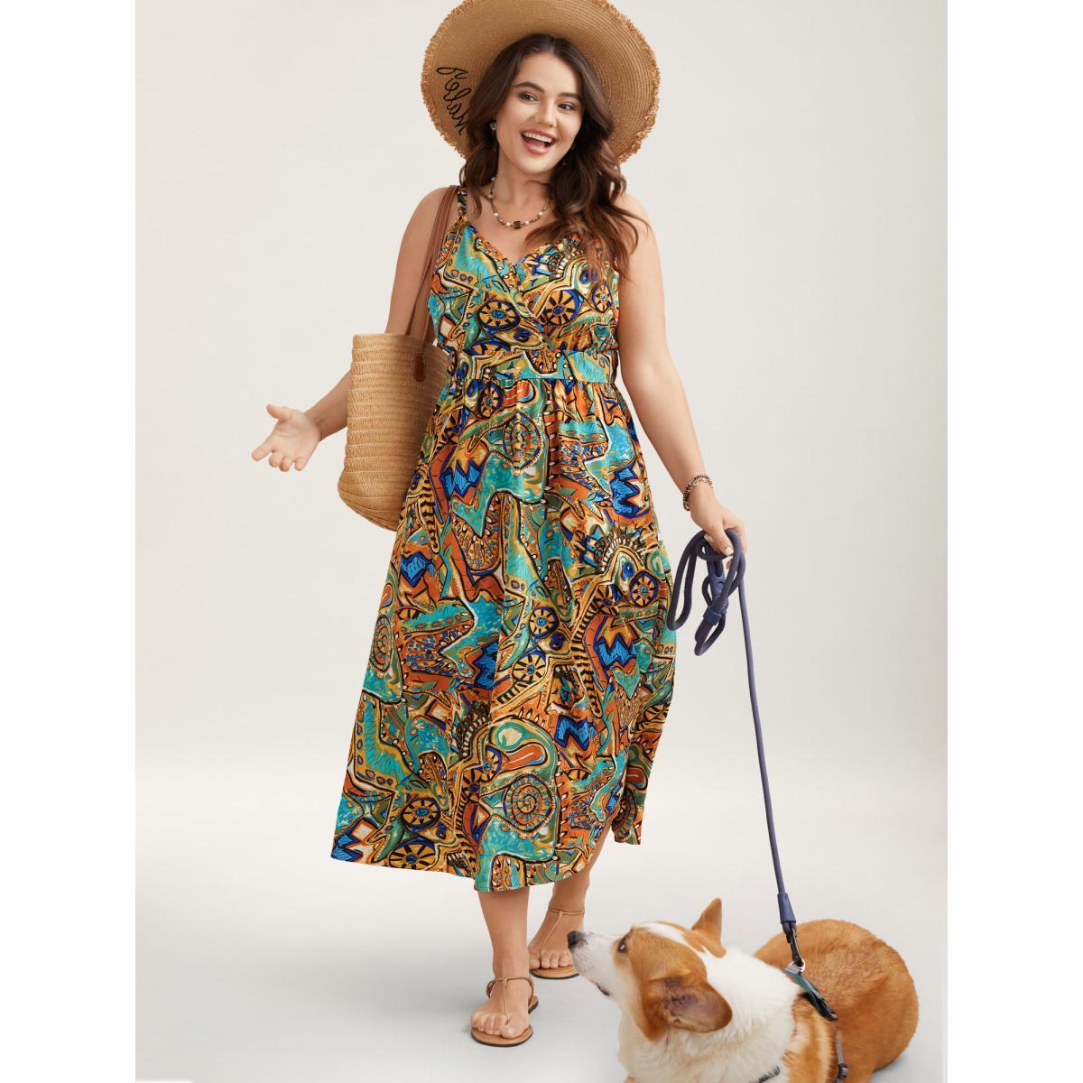 Plus Size Boho Print Stretchy Waist Pockets Maxi Dress Multicolor Women Boho Gathered Overlap Collar Sleeveless Curvy BloomChic 10/M Product Image