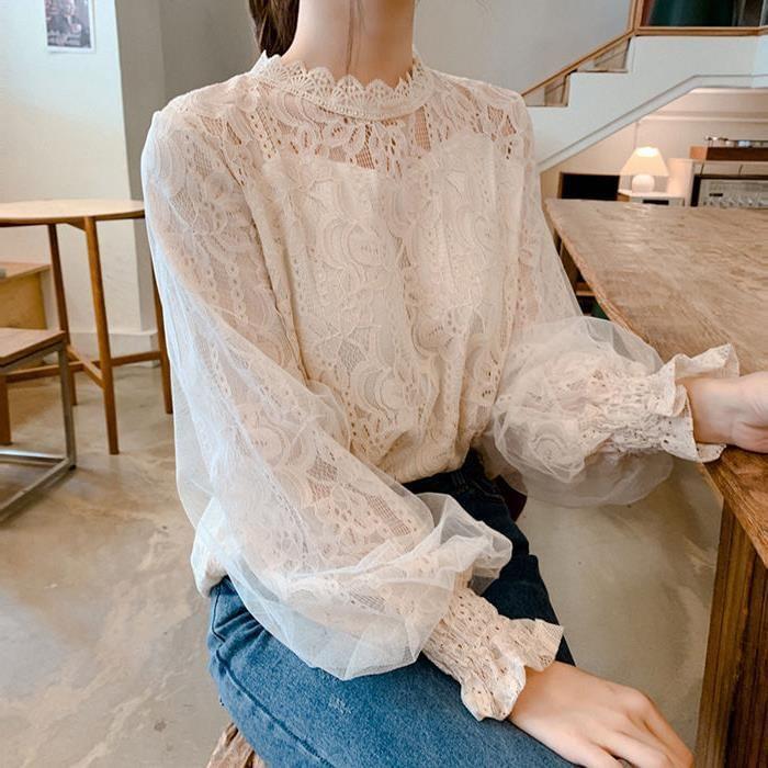 Balloon Mesh Sleeve Stand Collar Plain Lace Blouse Product Image