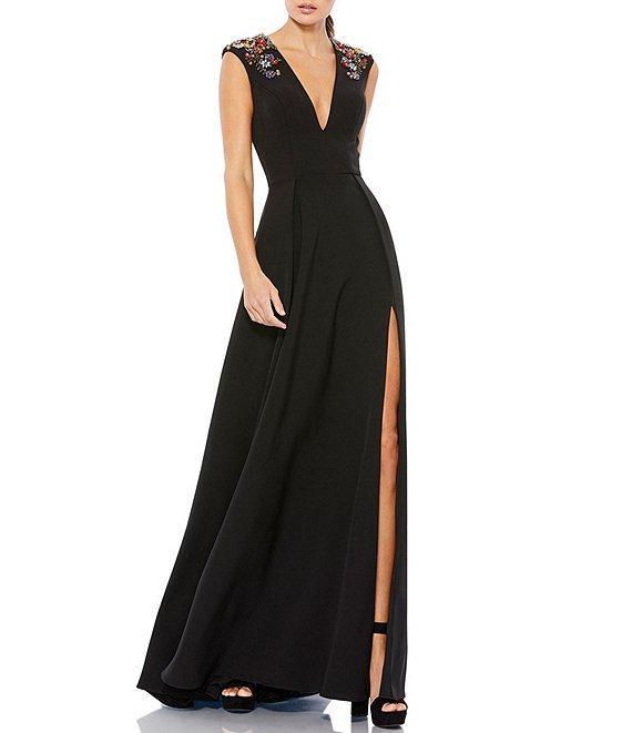 Mac Duggal Beaded Shoulder Deep V-Neck Cap Sleeve Thigh High Slit A-Line Gown Product Image
