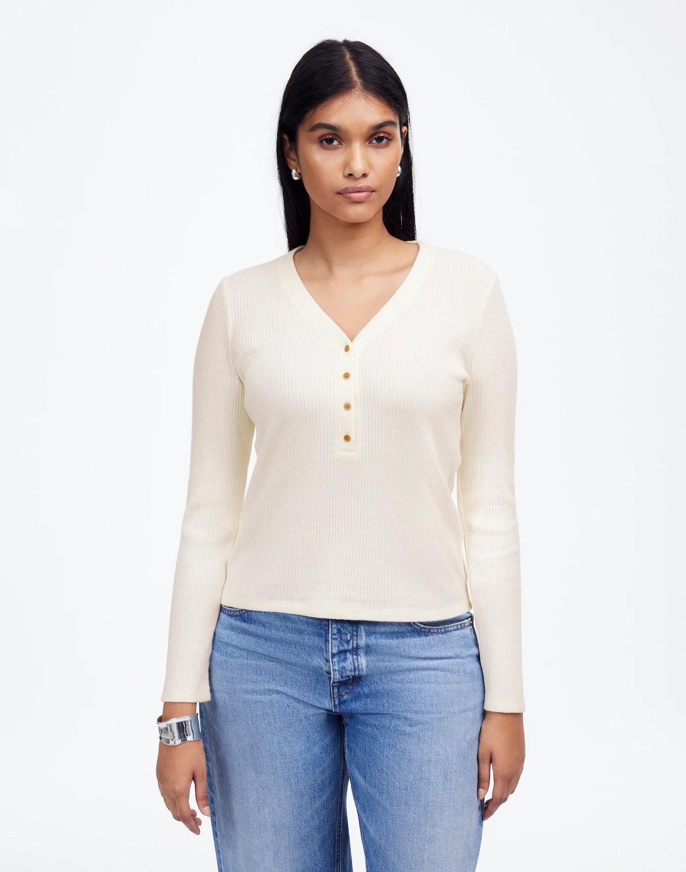 Brushed Long-Sleeve Henley Tee Product Image