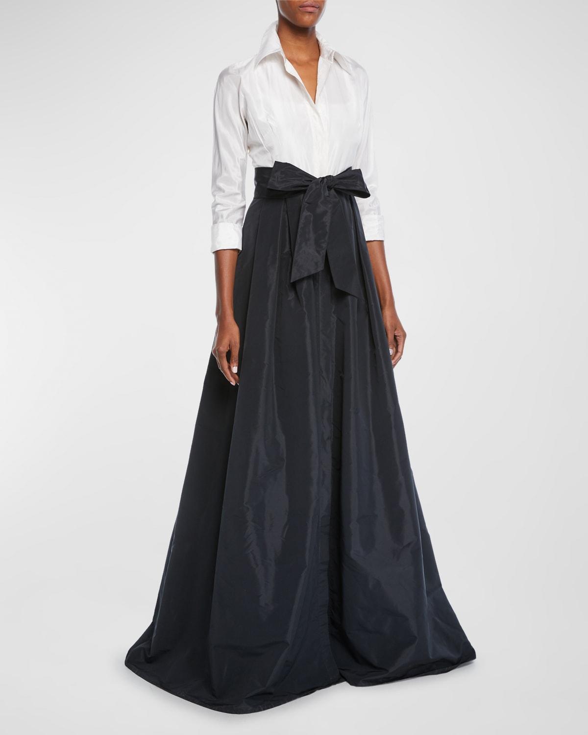 Two-Tone 3/4-Sleeve Taffeta Shirtdress Gown Product Image