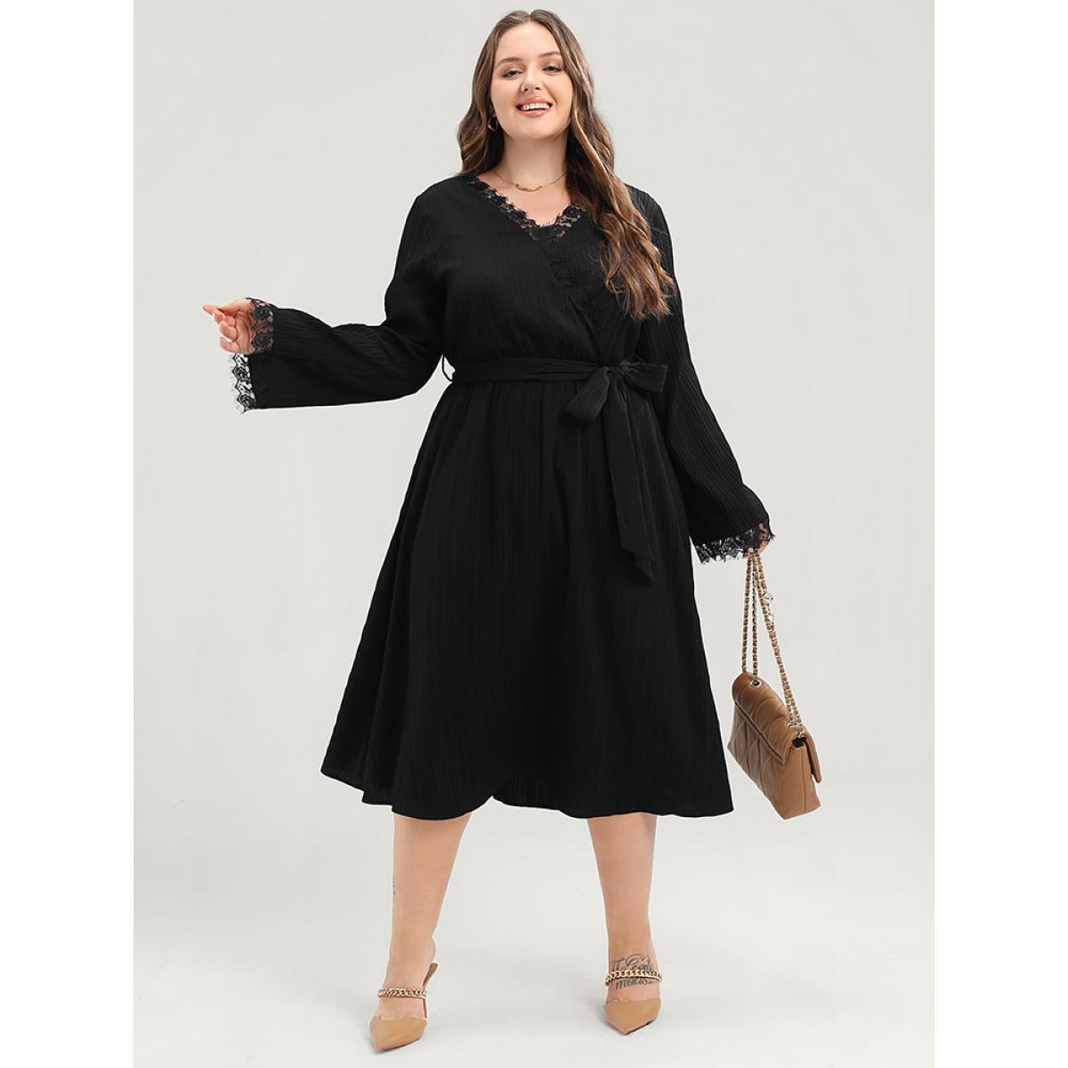 Plus Size Solid Textured Bell Sleeve Pocket Contrast Lace Belted Dress Black Women Elegant Lace V-neck Long Sleeve Curvy Midi Dress BloomChic 28/5X Product Image