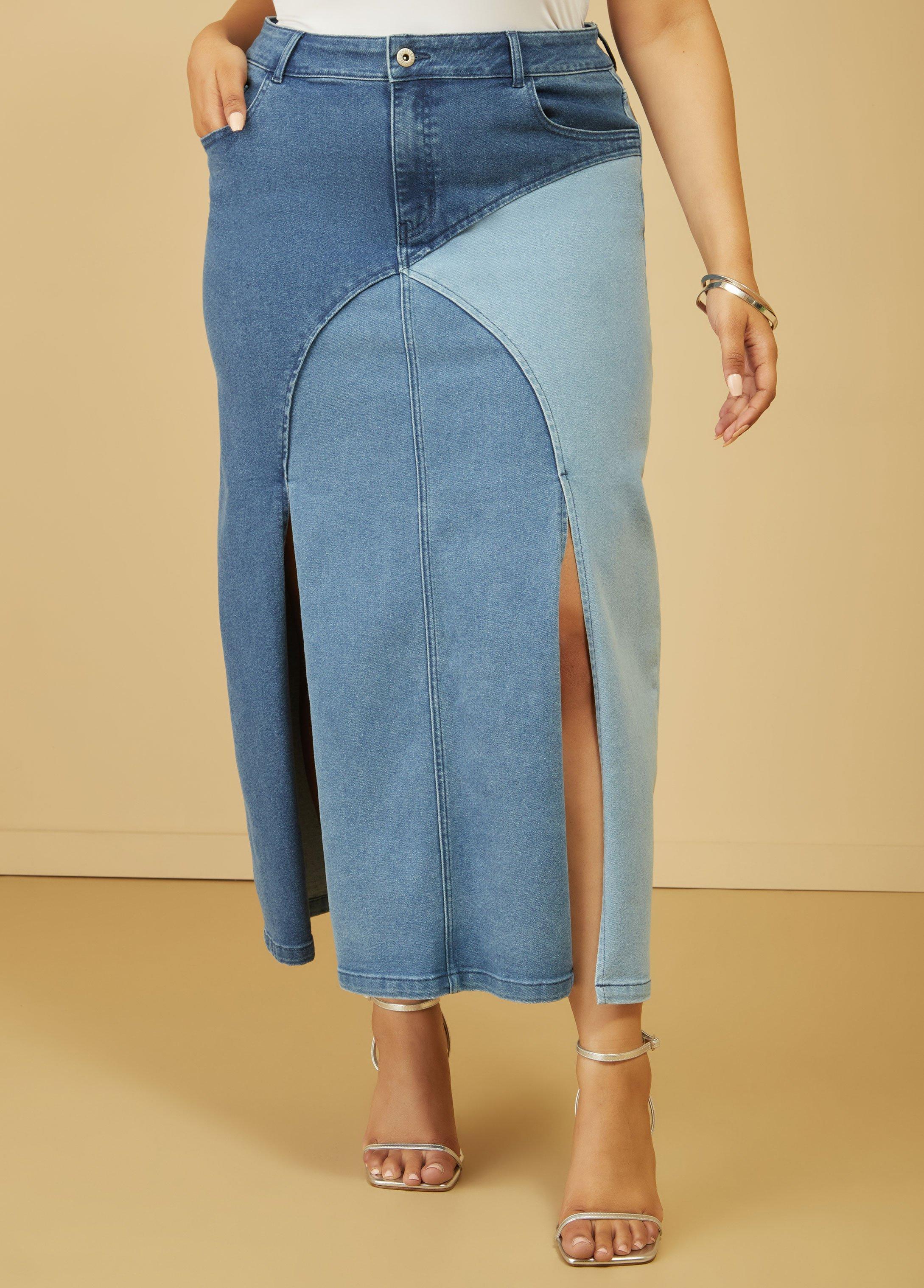 Colorblock Split Front Denim Skirt Product Image