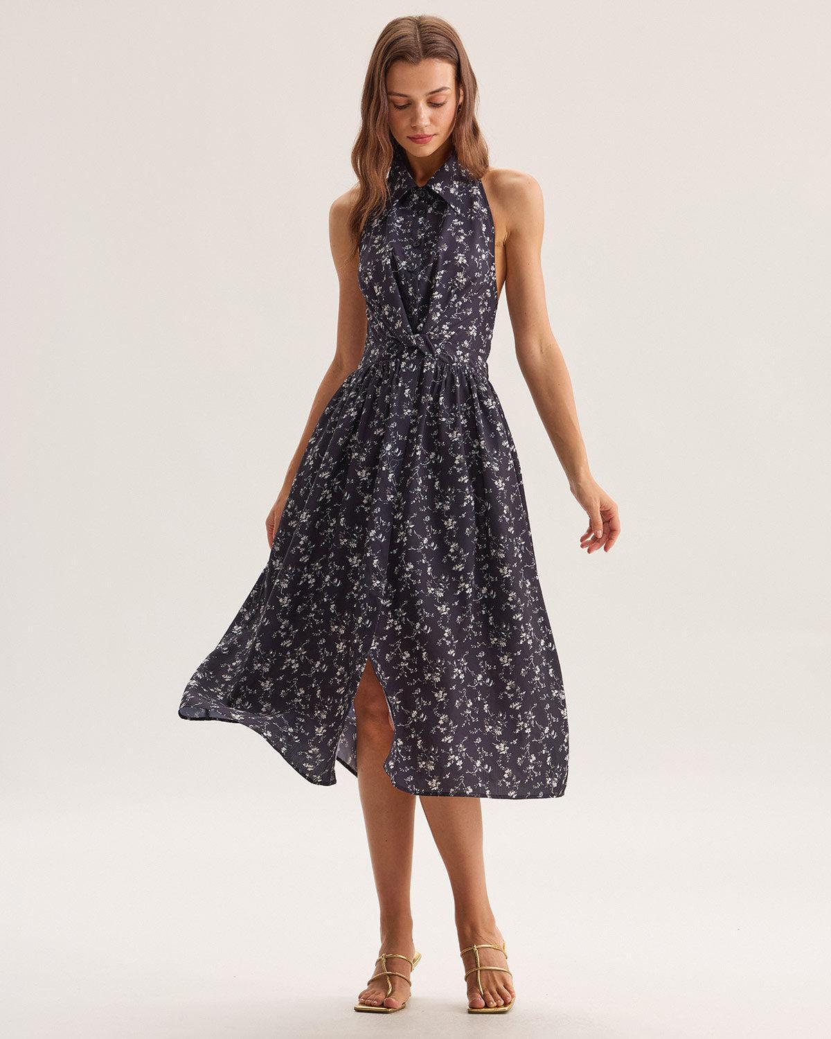 Black Floral Shirred Backless Midi Dress Product Image