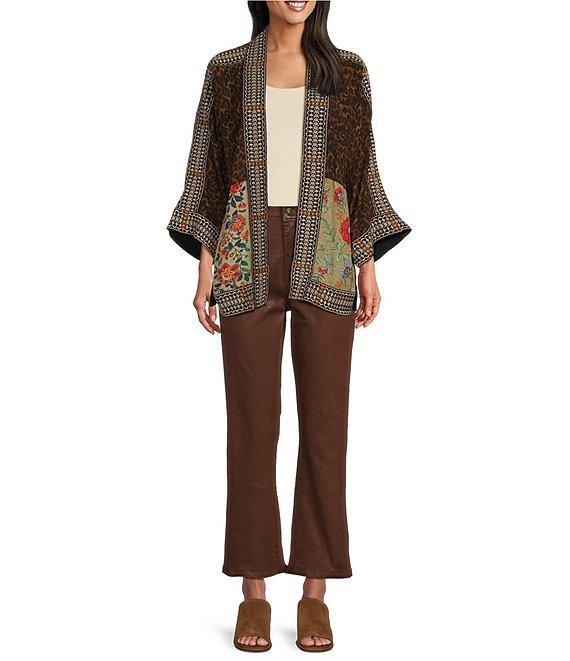 John Mark Woven Multi Print Embroidered Open Front Neck 3/4 Sleeve Kimono Jacket Product Image