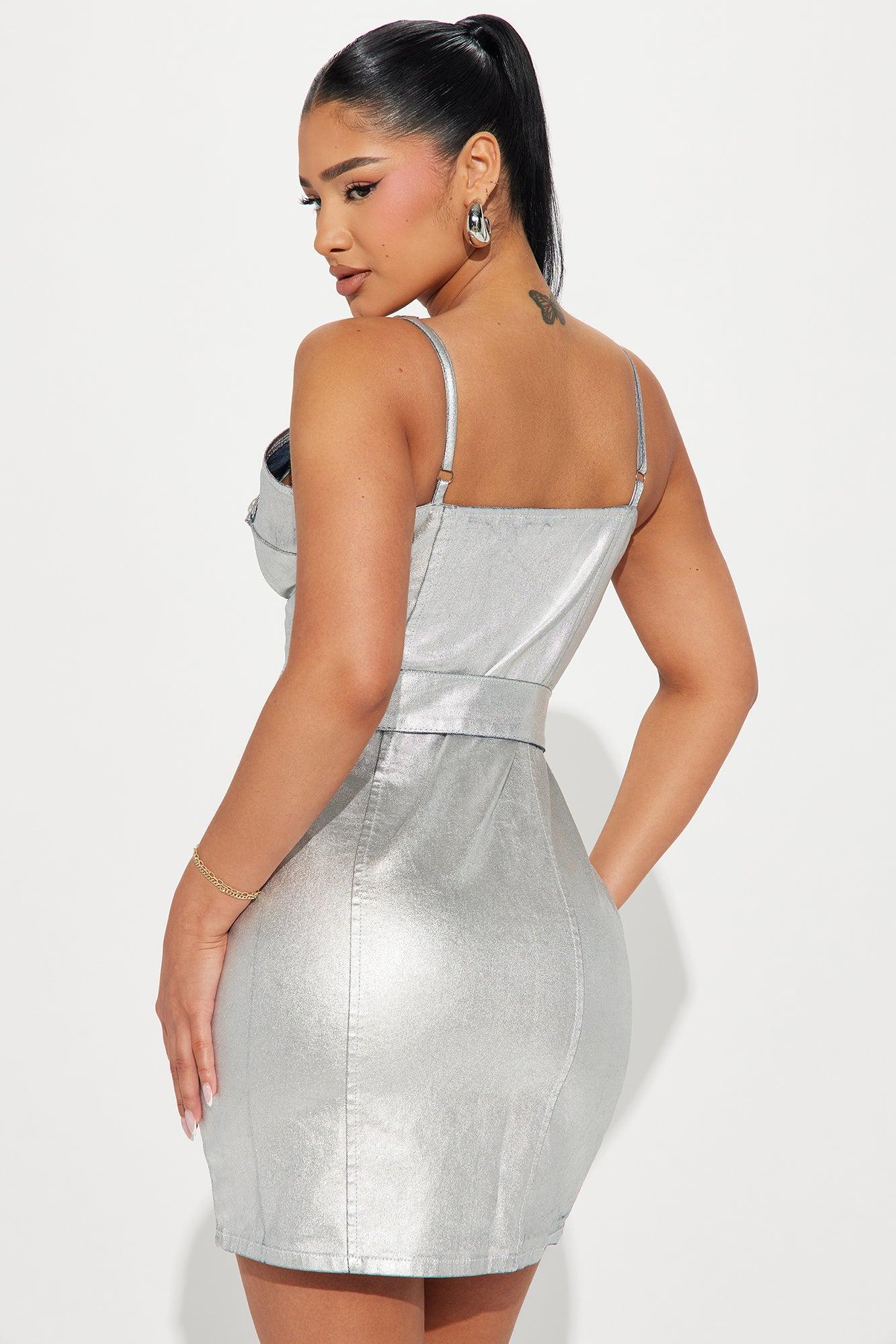 Marley Metallic Denim Mini Dress - Silver Product Image