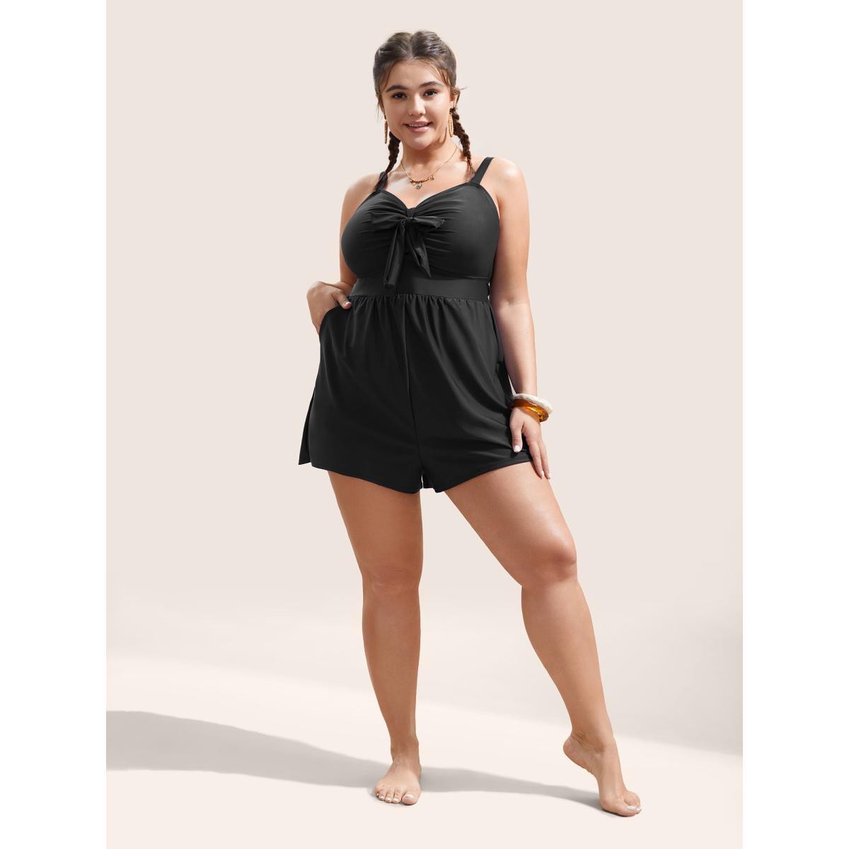 Plus Size Plain Bowknot Pocket Gathered One Piece Swimsuit Women's Swimwear Black Beach Non Curve Bathing Suits High stretch One Pieces BloomChic 18-20/2X Product Image