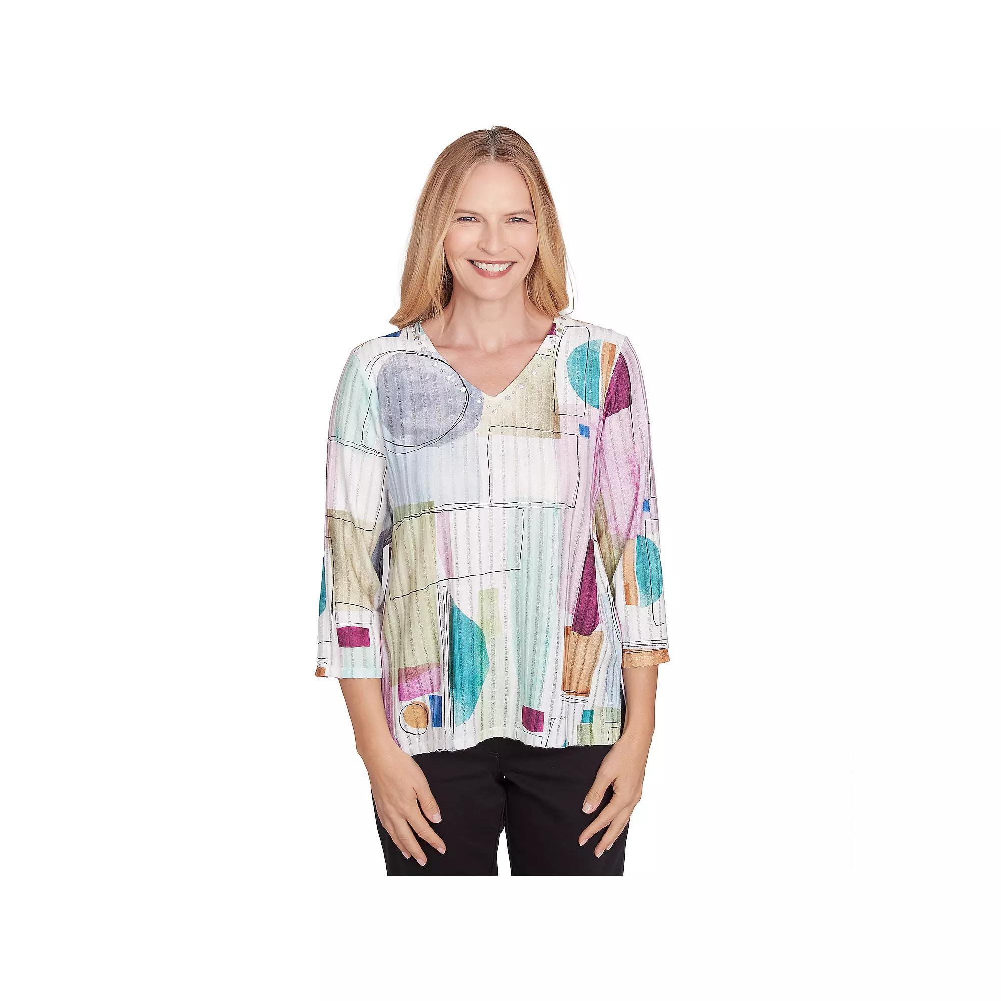 Women's Alfred Dunner Geometric V-Neck Three Quarter Sleeve Top, Size: Large, Multi Neutral Product Image