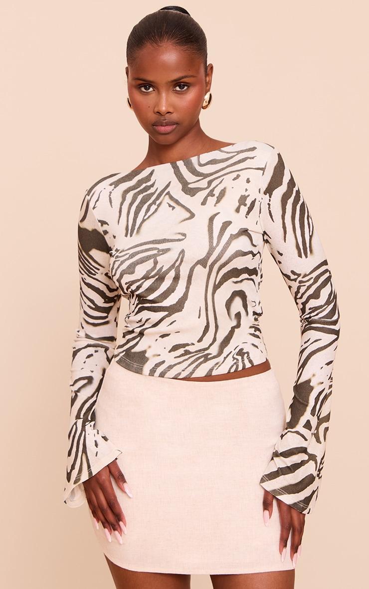 Cream Zebra Print Double Layer Burn Out Mesh Asymmetric Flared Sleeve Top Product Image