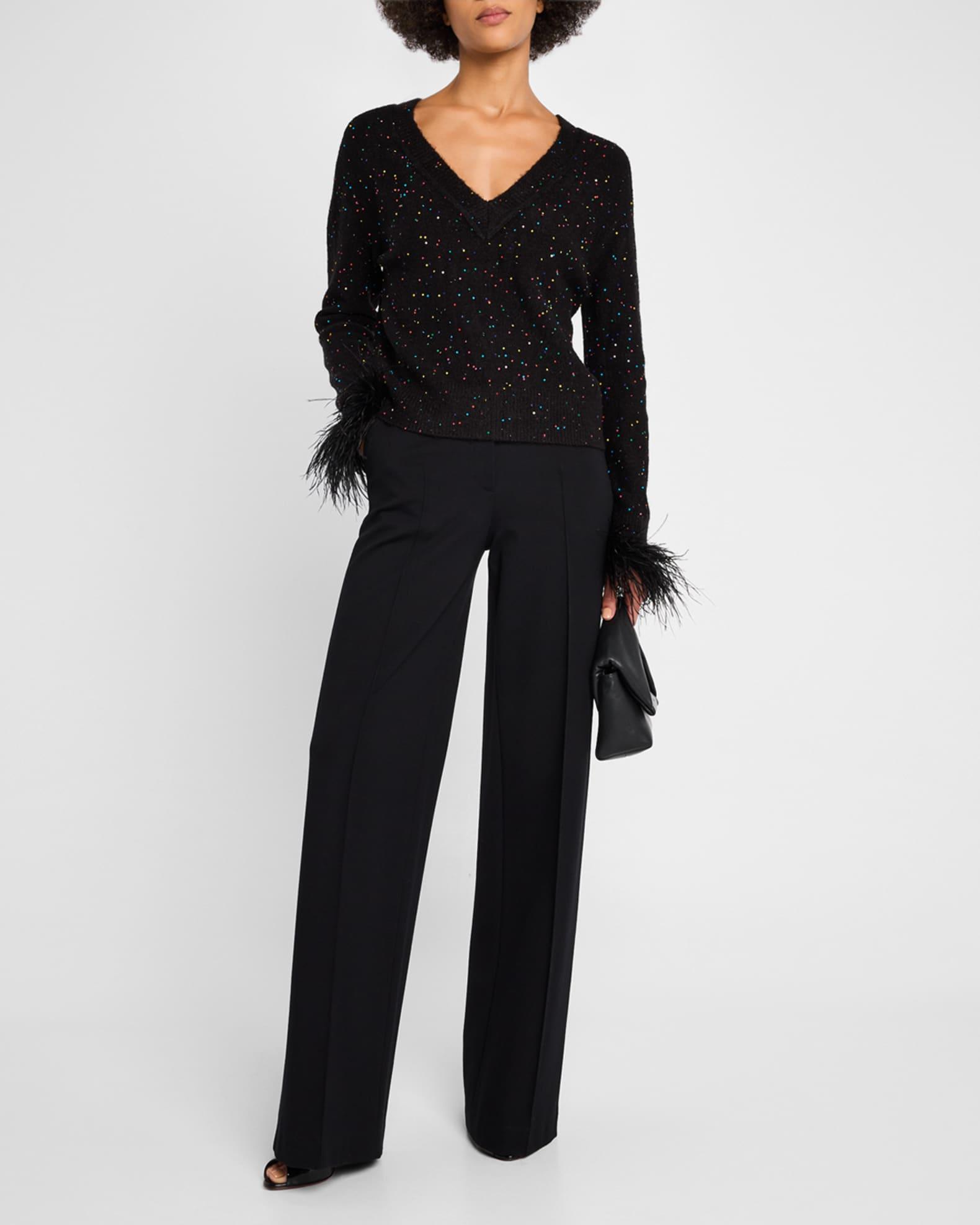 Feather-Cuff Sequined Knit Sweater Product Image