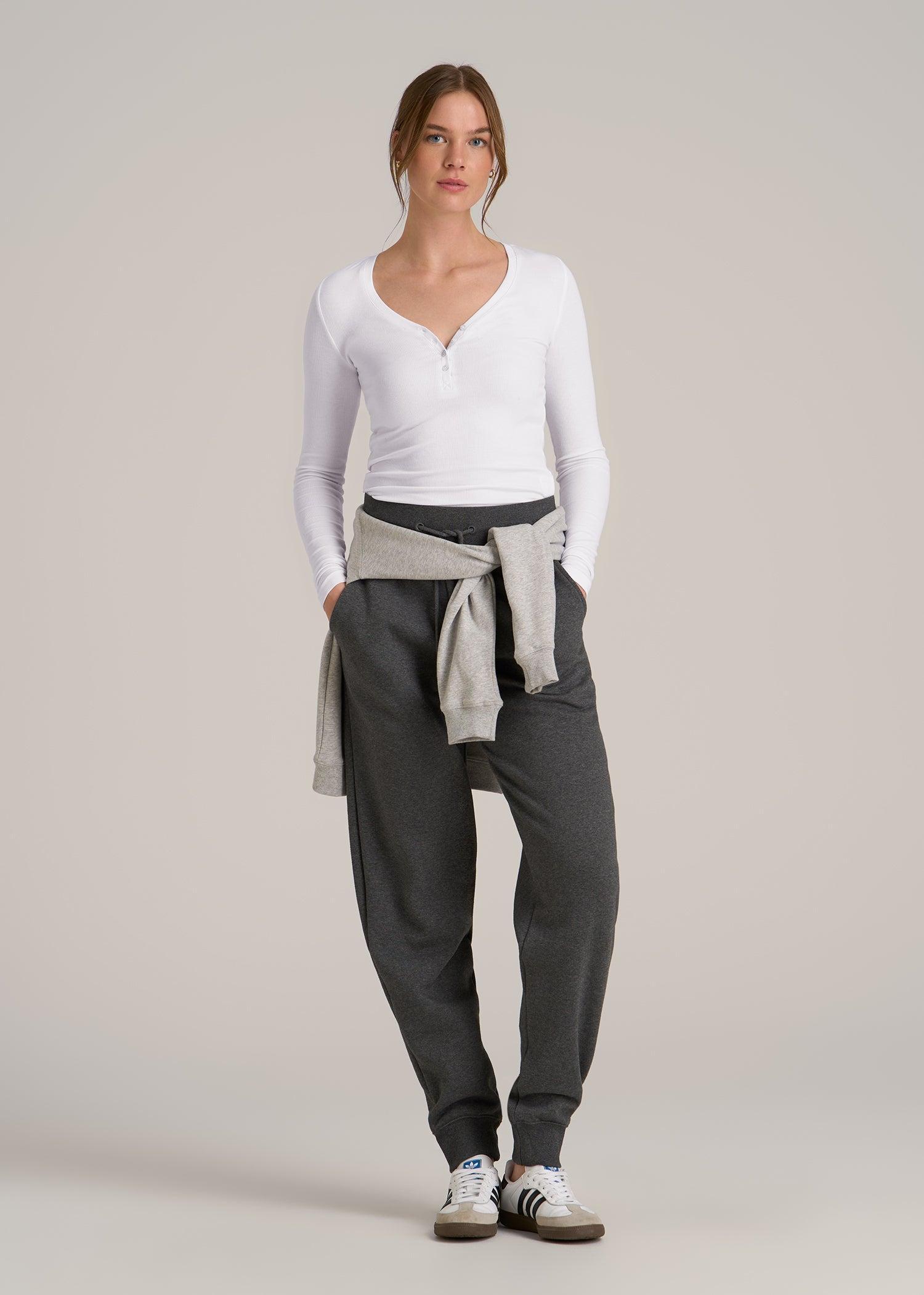 Fitted Ribbed Long Sleeve Henley for Tall Women in White Female Product Image