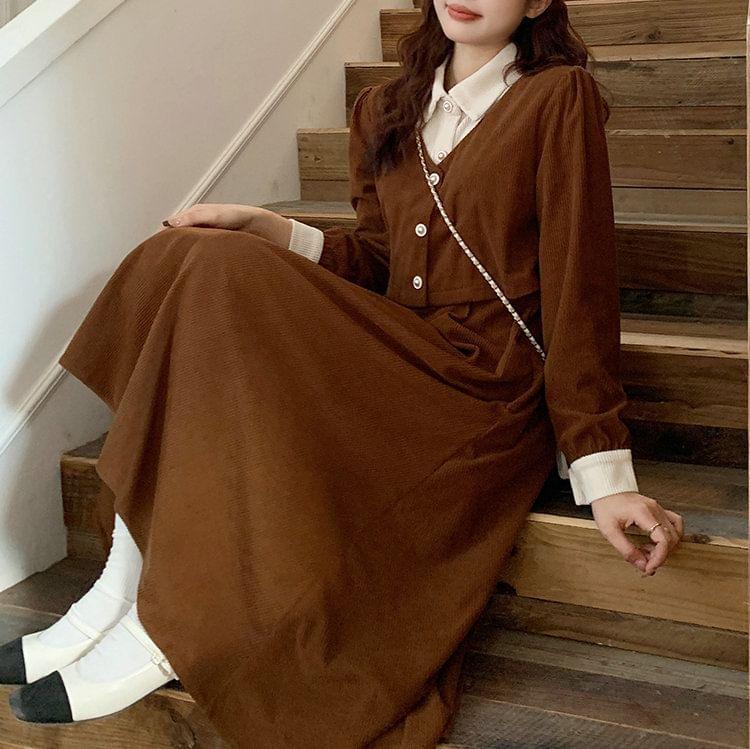 Mock Two-Piece Long-Sleeve Collar Two Tone Button Corduroy Midi A-Line Dress Product Image