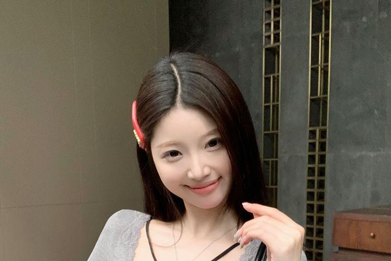 Short-Sleeve Plain Lace Trim Bow Tee Product Image