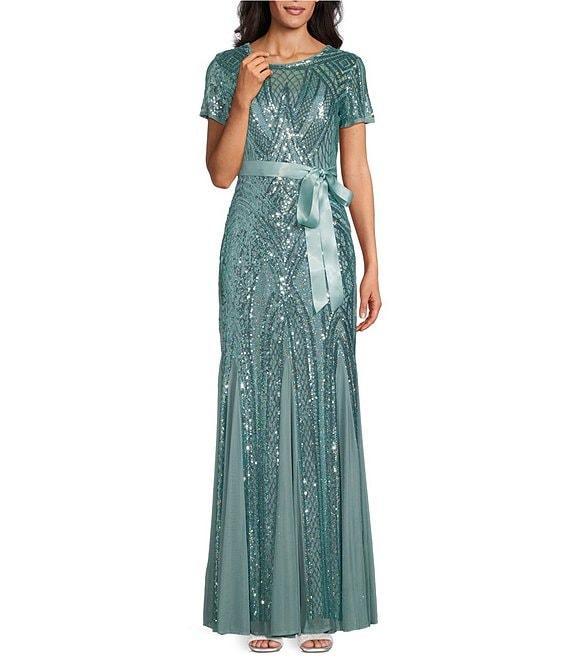 R & M Richards Short Sleeve Crew Neck Godet Skirt Beaded Rainbow Sequin Power Mesh Gown Product Image