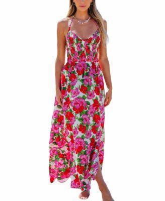 Cupshe Womens Floral Halterneck Smocked Bodice Maxi Beach Dress Product Image