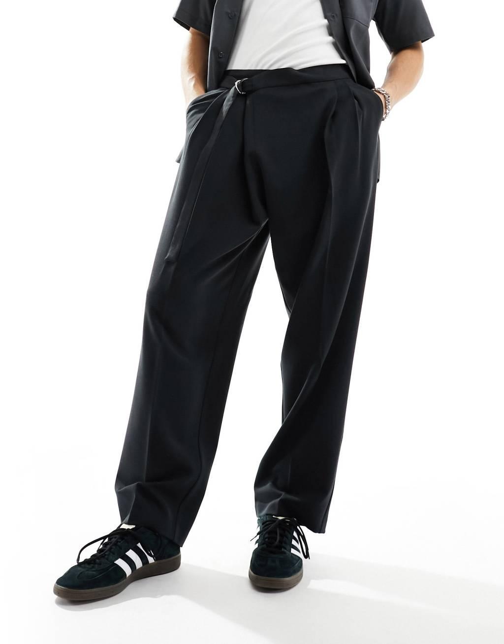 ASOS DESIGN wide leg smart pants with asymmetric waist detail in black Product Image