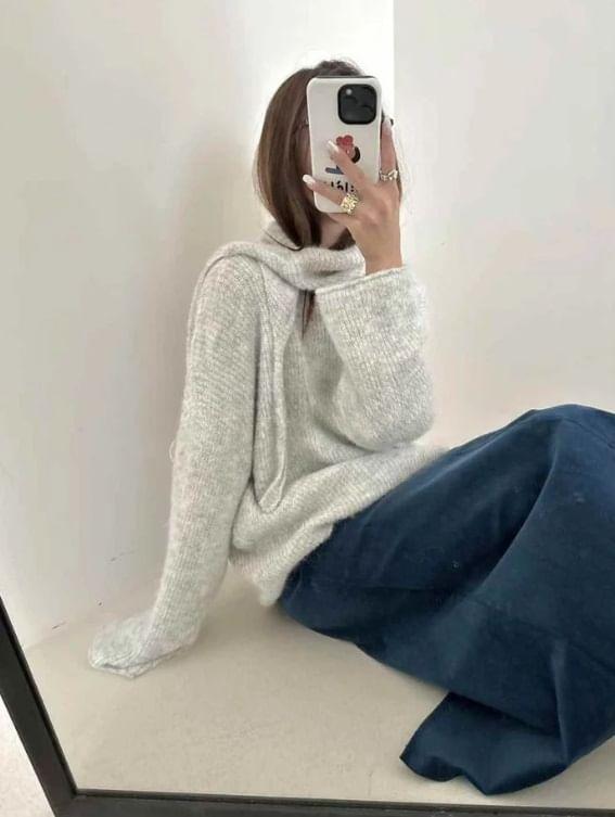 Long Sleeve Plain Loose-Fit Hooded Knit Top Product Image