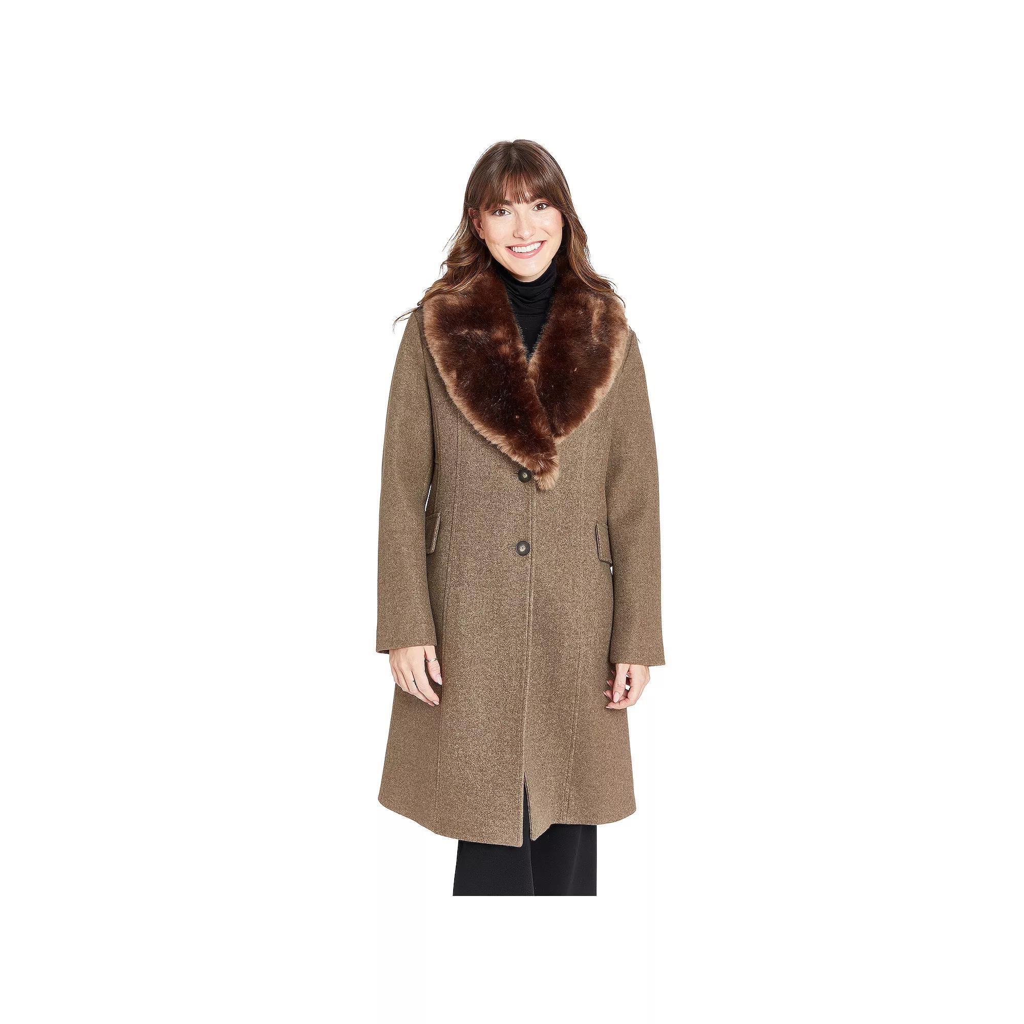 Women's Nine West Faux Fur Collar Button Front Coat,  Product Image