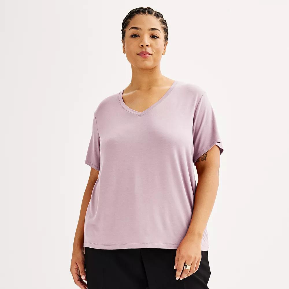 Plus Size Nine West Essential Soft Spun Short Sleeve V-Neck Tee, Women's, Size: 0X, Washed Purple Product Image