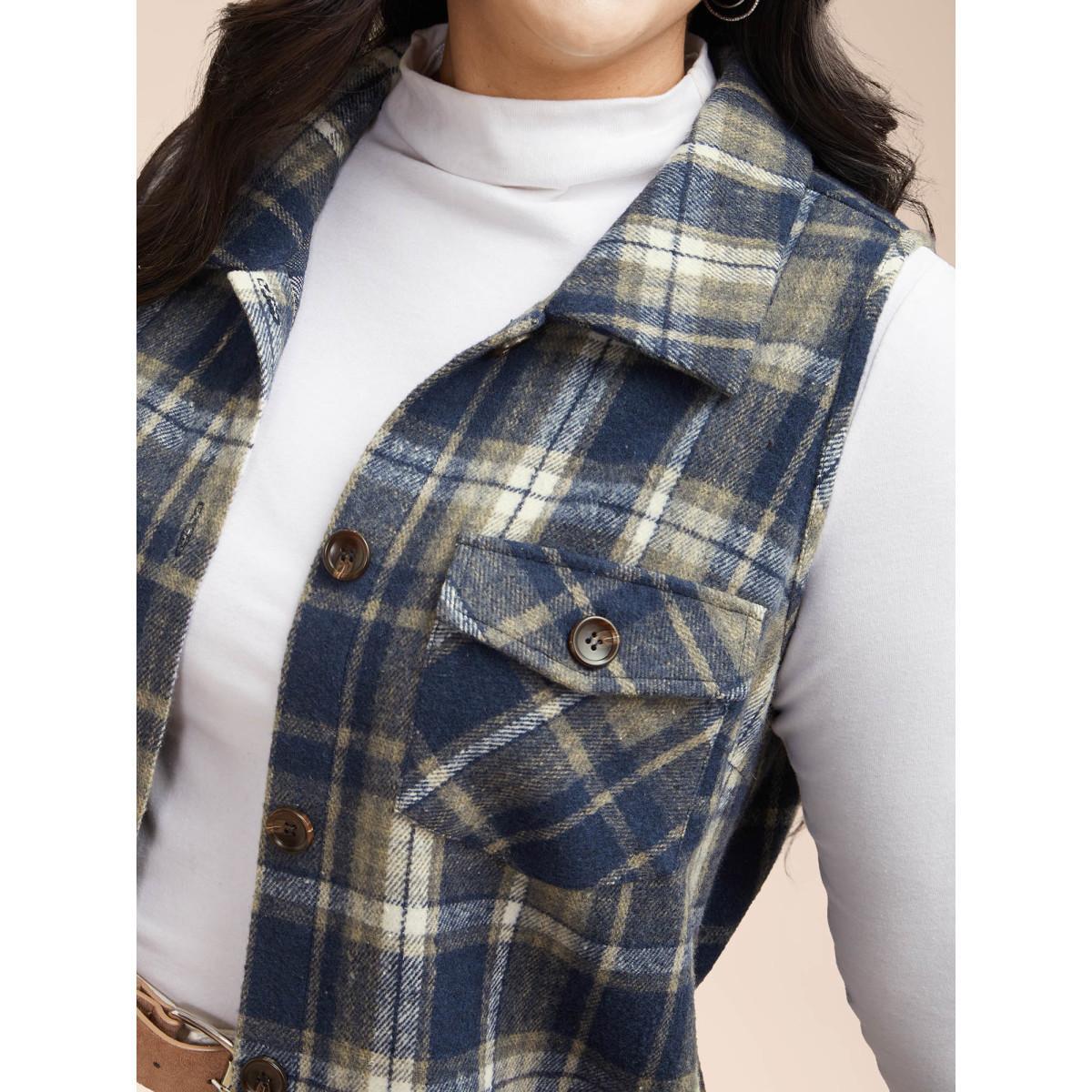 Plus Size Plaid Flap Detail Sleeveless Jacket Women Indigo Button Side seam pocket Everyday Jackets BloomChic 26/4X Product Image