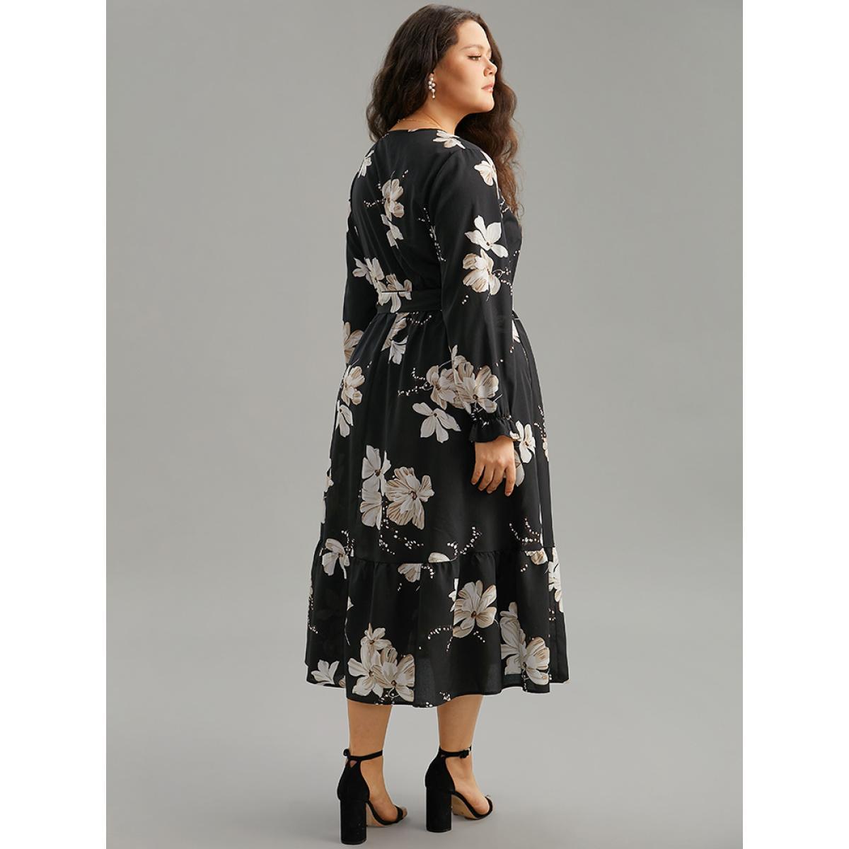 Plus Size Floral Print Flutter Sleeve Belted Surplice Neck Dress Black Women Elegant Wrap Overlap Collar Long Sleeve Curvy Midi Dress BloomChic 22-24/3X Product Image