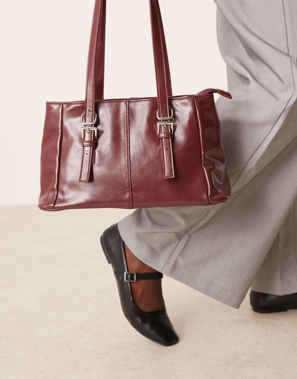 Glamorous shoulder tote bag in burgundy faux patent  Product Image