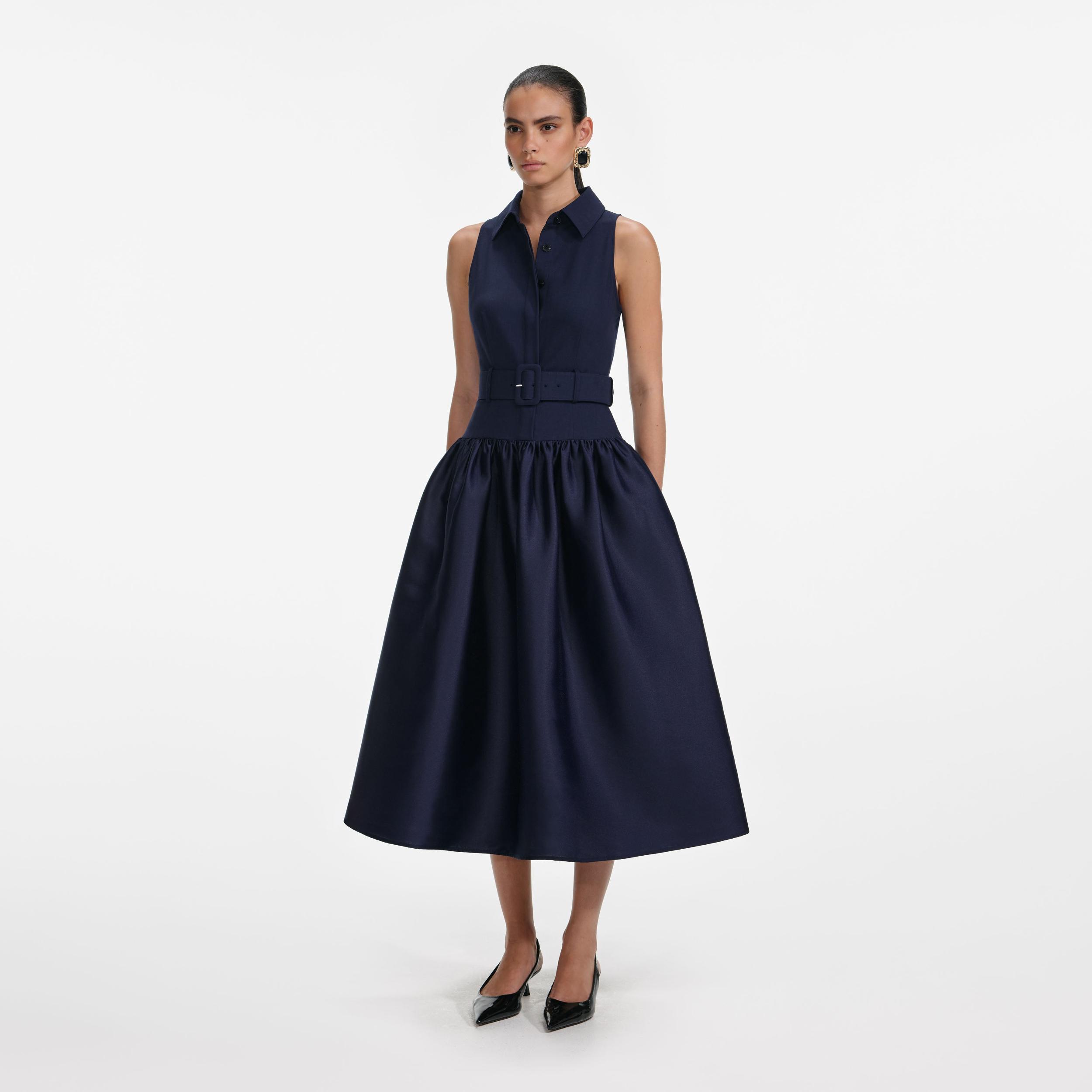 Navy Belted Twill Midi Dress Product Image