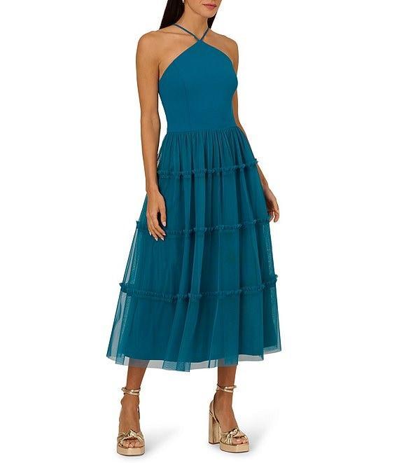 Adrianna Papell Knit And Mesh Halter Neck Sleeveless Tiered Trimmed A-Line Dress Product Image