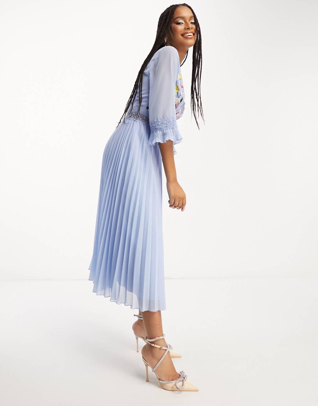 ASOS DESIGN lace insert pleated midi dress with embroidery Product Image