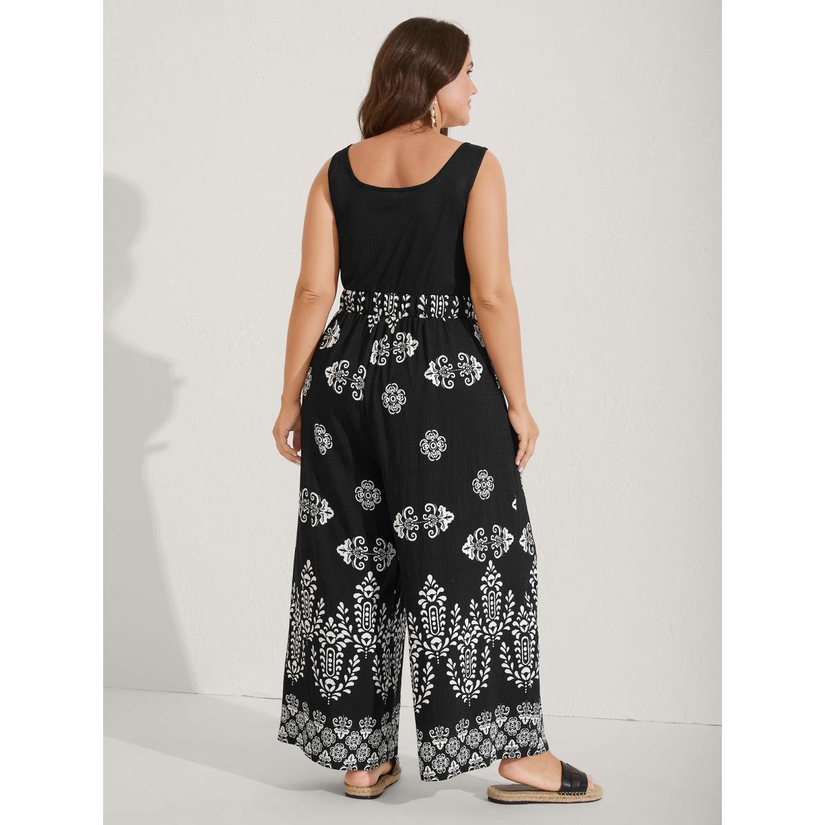 Plus Size Black Boho Print Color Contrast Flowy Jumpsuit Women Sleeveless Round Neck Vacation Loose Jumpsuits BloomChic 30/6X Product Image