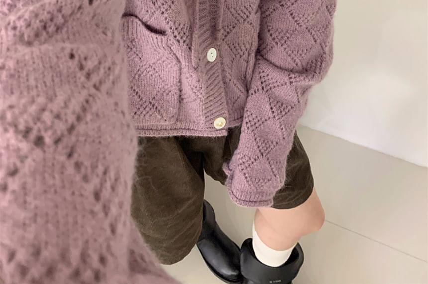 Plain Drawstring Hooded Pointelle Cardigan Product Image